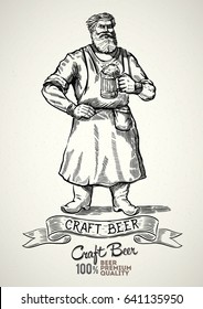 Happy brewer characters, holding a mug full of beer, illustration in engraving style.