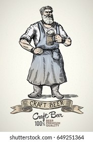 Happy brewer characters, holding a mug full of beer, illustration in engraving style and painted color.