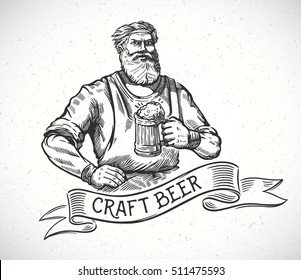 Happy brewer or craftsman's characters holding a mug full of beer, in engraving style.