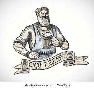 Happy brewer or craftsman's characters holding a mug full of beer, in engraving style.