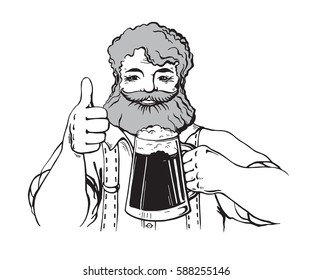 Happy brewer or craftsman's characters holding a mug full of beer in graphic style vector illustration