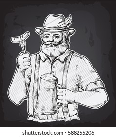 Happy brewer or craftsman's characters holding a mug full of beer in graphic style vector illustration