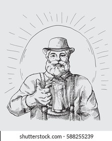 Happy brewer or craftsman's characters holding a mug full of beer in graphic style vector illustration