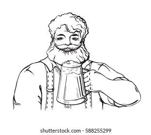 Happy brewer or craftsman's characters holding a mug full of beer in graphic style vector illustration