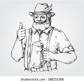 Happy brewer or craftsman's characters holding a mug full of beer in graphic style vector illustration