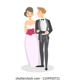 Happy bride in dress and groom are in love. Young couple marriage. Isolated vector illustration in cartoon style