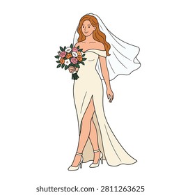 A happy bride in an elegant wedding gown. She wore a long, off the shoulder, cream colored ivory wedding gown with a high side slit that revealed her crossed legs. Flat vector modern illustration