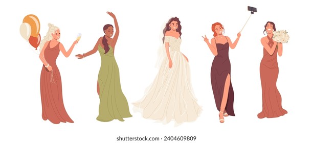 Happy bride and female friends cartoon characters wearing elegant fashion dress isolated set