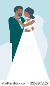 Happy bride and groom. African American couple standing posing happy on wedding day holding each other. Flat vector characters