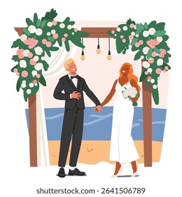 Happy bride and groom celebrating wedding ceremony at tropical seaside vector illustration. Cartoon scene with cheerful newlyweds characters standing front of floral decorative arch at seacoast