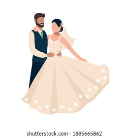 Happy bride and groom get married. Flat vector illustration of lovers man and woman in wedding clothes. Together forever. Isolated over white background.