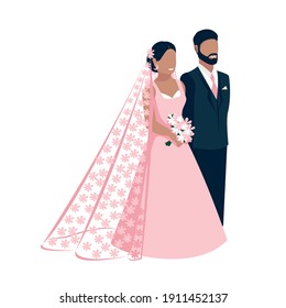 Happy bride and groom get married. Flat vector illustration of lovers bride in lace flower veil and groom in classic black suit. Isolated over white background.