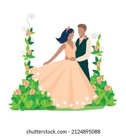Happy bride and groom get married. Flat vector illustration of enamored man and woman in wedding clothes. Together forever. on an abstract background with hearts.