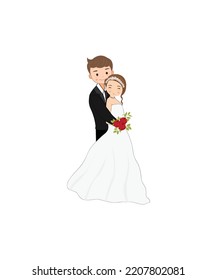 Happy bride and groom get married.  vector illustration of lovers man and woman in wedding clothes. Together forever. Isolated on white background.