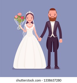 Happy bride, groom holding hands on wedding ceremony. Elegant tuxedo man, woman in beautiful dress on traditional celebration, married couple in love. Marriage customs, traditions. Vector illustration