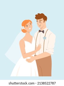 Happy bride and groom hug each other and smile. Newlywed couple man and woman at the wedding ceremony. Just married. Vector illustration in cartoon style.