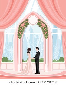 Happy bride and groom, looking in each other eyes while standing together under wedding arch in decorated flowers ballroom in castle cartoon vector illustration. Wedding ceremony