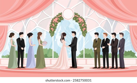 Happy bride and groom, looking in each other eyes while standing together under wedding arch in decorated flowers ballroom in castle cartoon vector illustration. Wedding ceremony