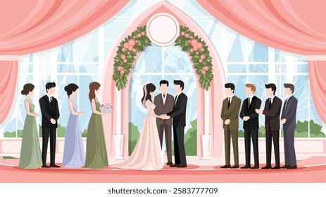 Happy bride and groom, looking in each other eyes while standing together under wedding arch in decorated flowers ballroom in castle cartoon vector illustration. Wedding ceremony