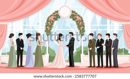 Happy bride and groom, looking in each other eyes while standing together under wedding arch in decorated flowers ballroom in castle cartoon vector illustration. Wedding ceremony