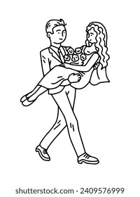 Happy bride and groom. A man carries a woman in his arms. Beautiful newlywed couple. Cartoon vector black and white illustration outline. Hand drawn sketch ink