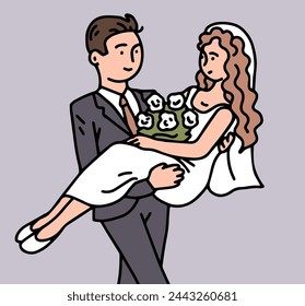 Happy bride and groom. A man carries a woman in his arms. Beautiful newlywed couple. Cartoon vector illustration outline