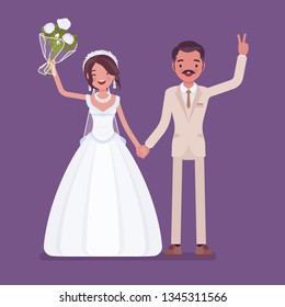 Happy bride and groom on wedding ceremony. Latin American man, woman in a beautiful white dress on traditional celebration, married couple in love. Marriage customs and traditions. Vector illustration