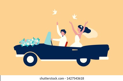 Happy bride and groom riding on the cabriolet. Couple on wedding day, vintage transport. Just married. Vector illustration in cartoon style