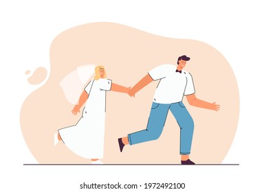 Happy Bride And Groom Running, Holding Hands. Flat Vector Illustration. Cartoon Woman In White Dress And Veil With Man In White Shirt And Bow Tie, Moving Forward Together. Wedding, Family Concept