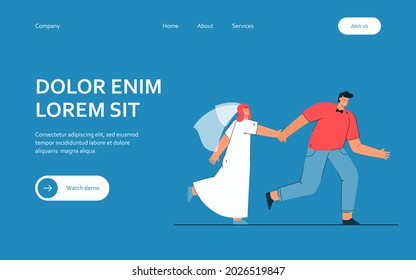 Happy Bride And Groom Running, Holding Hands. Flat Vector Illustration. Cartoon Woman In White Dress And Veil With Man In White Shirt And Bow Tie, Moving Forward Together. Wedding, Family Concept