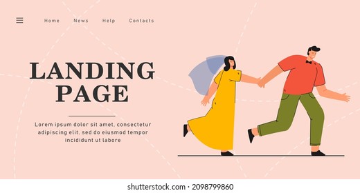 Happy Bride And Groom Running, Holding Hands. Flat Vector Illustration. Cartoon Woman In White Dress And Veil With Man In White Shirt And Bow Tie, Moving Forward Together. Wedding, Family Concept