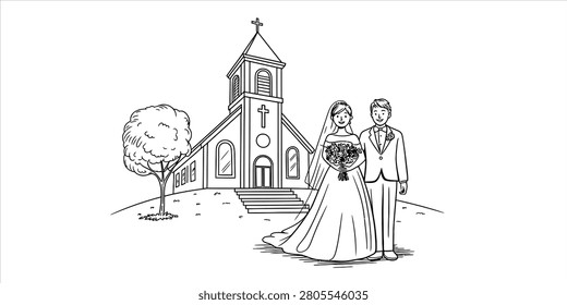Happy bride and groom standing in front of a church building Vector, illustration