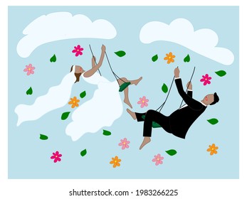 Happy bride and groom swing on a swing in the flower rain. Invitation card for the wedding day.