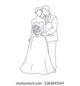 Happy bride and groom at wedding ceremony. Beautiful couple in wedding clothes, couple with beauty bouquet line art