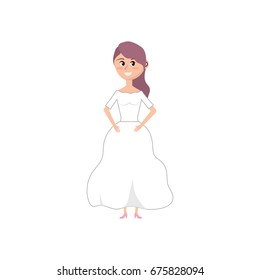happy bride with hairstyle and elegant gown