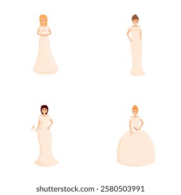 Happy bride icons set cartoon vector. Bride in various dress style. Wedding fashion