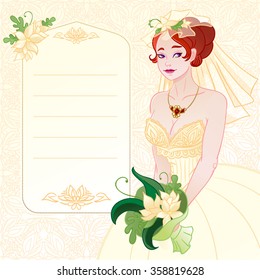 Happy bride on an openwork background with a frame for your text. Vector illustration.