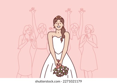 Happy bride preparing to throw bouquet flowers performs traditional ritual for wedding party. Woman in wedding dress stands with back to female girlfriends who want to get married as soon as possible