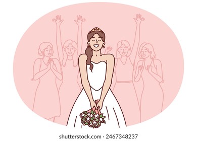 Happy bride preparing to throw bouquet flowers performs traditional ritual for wedding party. Woman in wedding dress stands with back to female girlfriends who want to get married as soon as possible