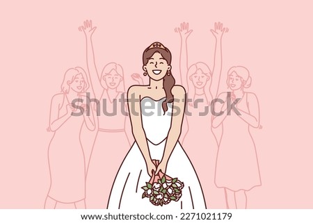 Happy bride preparing to throw bouquet flowers performs traditional ritual for wedding party. Woman in wedding dress stands with back to female girlfriends who want to get married as soon as possible Photo stock © 
