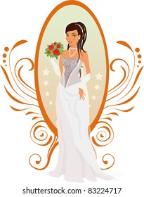 Happy bride with roses and mirror against ornament