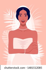 A happy bride is standing with arms crossed and laughing. The girl in a wedding dress and with a veil. Vector flat illustration