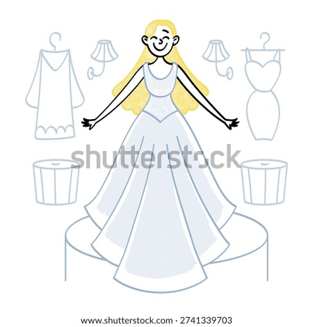 The happy bride is trying on a wedding dress in a luxury bridal salon. Wedding preparations. Bridal appointment. Vector illustration in doodle style.
