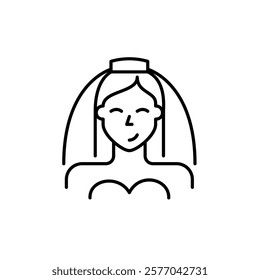 Happy bride wearing classic dress and veil. Wedding day reception. Pixel perfect vector icon