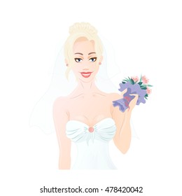 Happy bride with wedding bouquet. Vector illustration isolated on white background. 