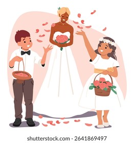 Happy bride in wedding dress walking under rose petals rain throwing by cute children cartoon scene. Cheerful beautiful woman in anticipation of marriage ceremony vector illustration. Bridal rituals