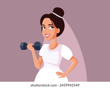 
Feliz Novia Trabajando con Mancuernas Personaje de dibujos animados de Vector. Esposa de levantamiento de pesas entrenando para un gran evento en su vida 
