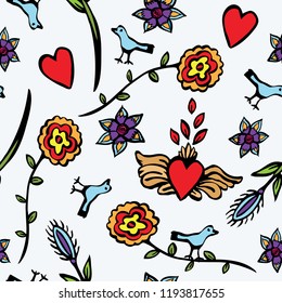 Happy, bright colors, Mexican folk art , flowers in this fun seamless vector pattern!  Great for Mexican holidays, fashion accessories, textiles, gift wrapping, kids clothing, invitations, tattoo art.