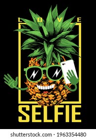 Happy bright Pineapple in glasses with smartphone making selfie. Print for t shirt. Vector illustration