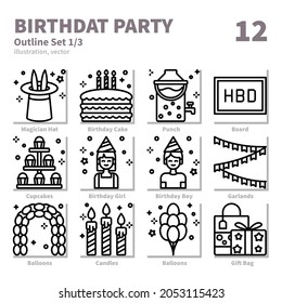 Happy brithday icons set, Detailed Outline, vector and illustration set 1